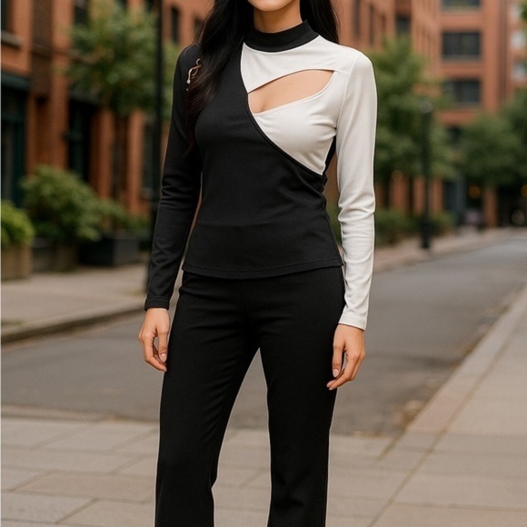 chicme Tops - Chic Monochrome Cut-Out Blouse